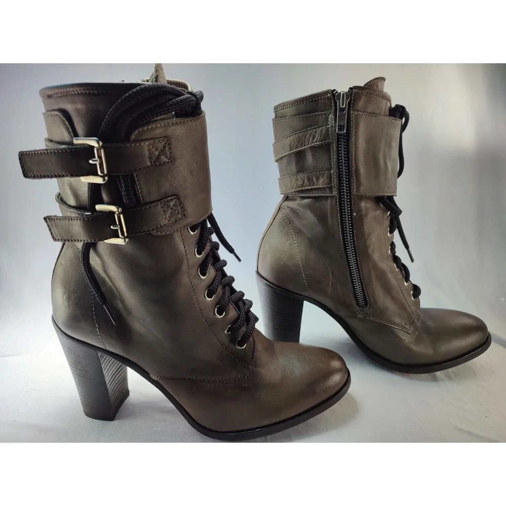 San Crispino ITALY Brown Leather Lace Up Buckle Combat Heel Boot Womens IT40 US9